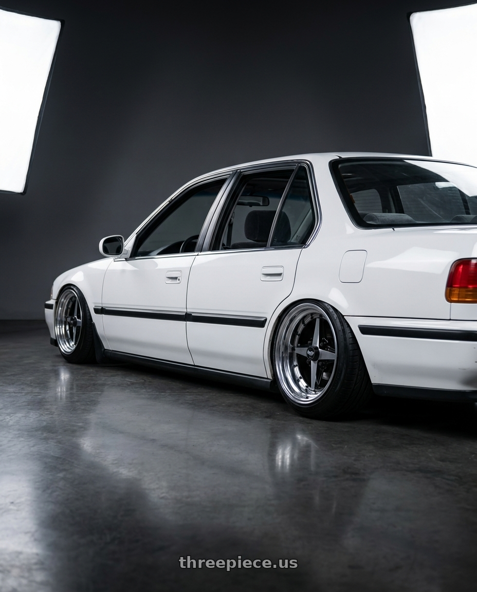 1992 honda accord EX-R, white with Equip 01 Black Polish 4x100 15x8 +45 wheels rear three quarter view slight stretch tires
