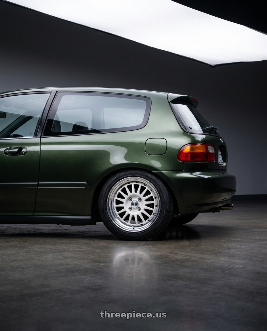 1995 honda civic dx hatchback nori green metalic with WedsSport Racing 2-Piece 4x100 15x7.0+37 White wheels rear three quarter view square tires