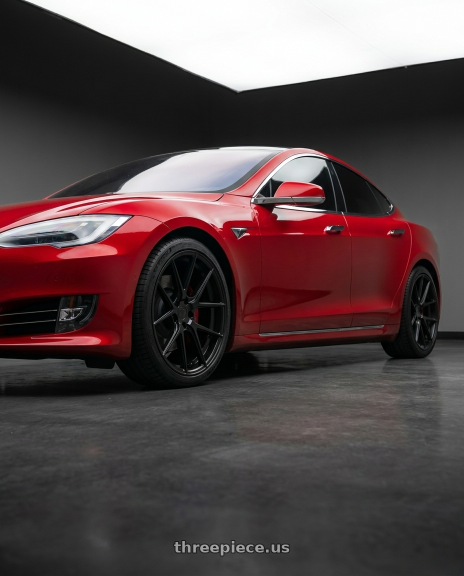 2020 Tesla Model S Performance with Aodhan AFF3 5x120 19x9.5 +35 Matte Black wheels front three quarter view stock stance