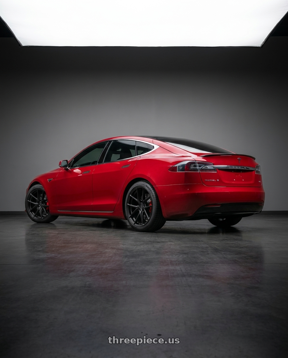 2020 Tesla Model S Performance with Aodhan AFF3 5x120 19x9.5 +35 Matte Black wheels rear three quarter view square tires