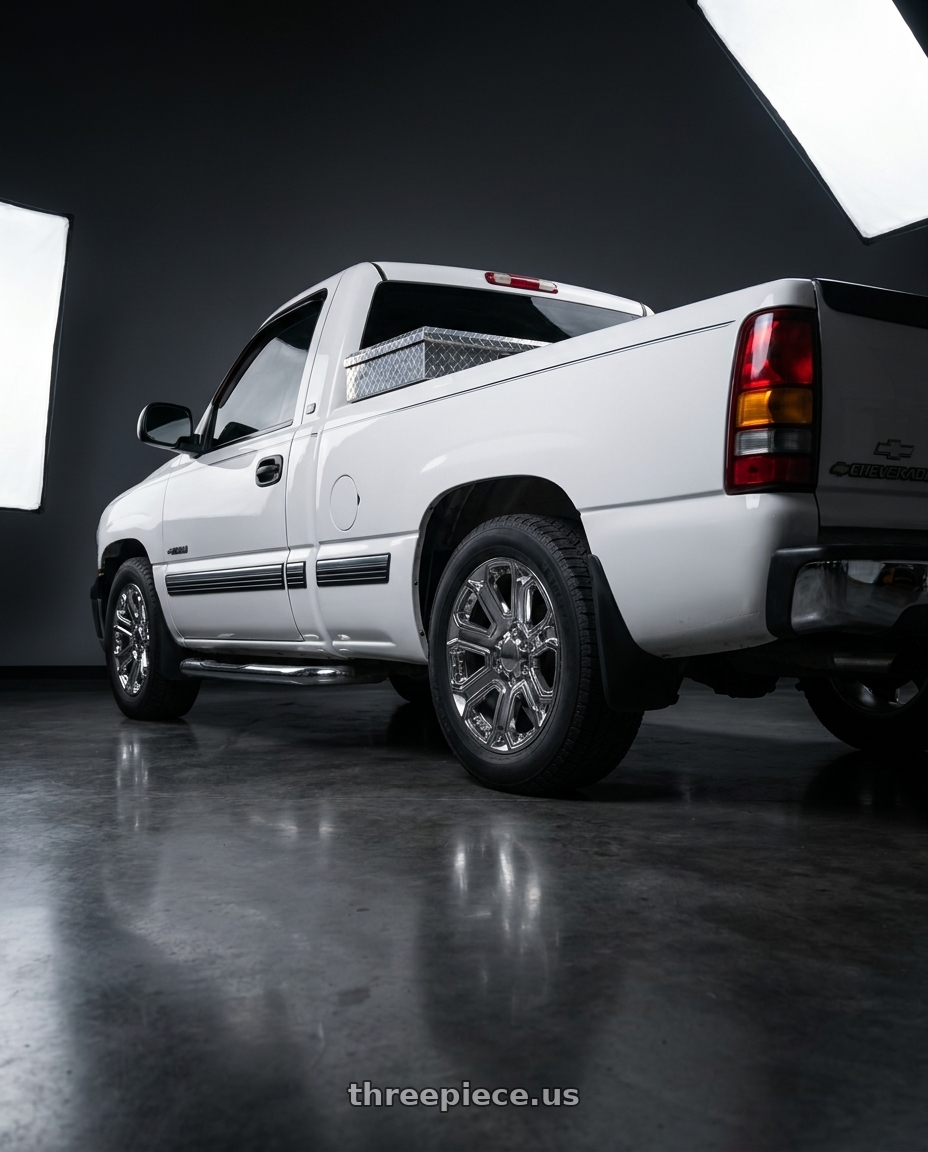 2000 chevy silverado 3 door with OE Wheels CV93 6x139.7 20x8.5+31 Chrome wheels rear three quarter view square tires