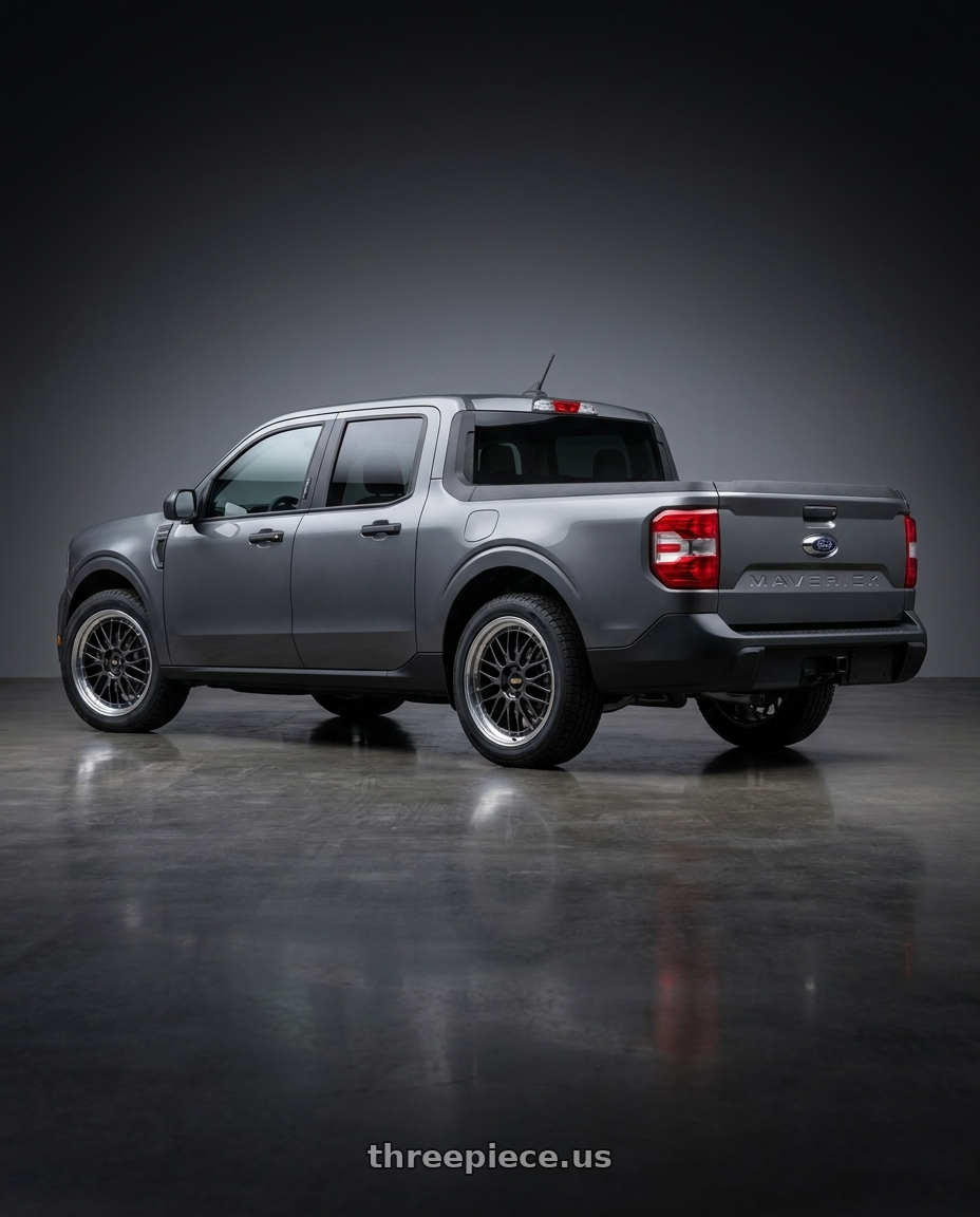 2024 Ford Maverick  with BBS LM 5x108 18x8 +35 Diamond Black wheels rear three quarter view square tires