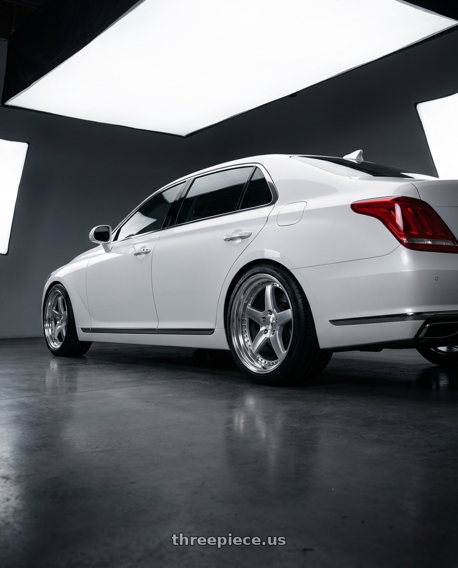 2018 genesis g90 ultimate with MARQUEE WHEELS M5330 5x114.3 20x10.5+40 SILVER /MACHINED/STAINLESS LIP wheels rear three quarter view square tires