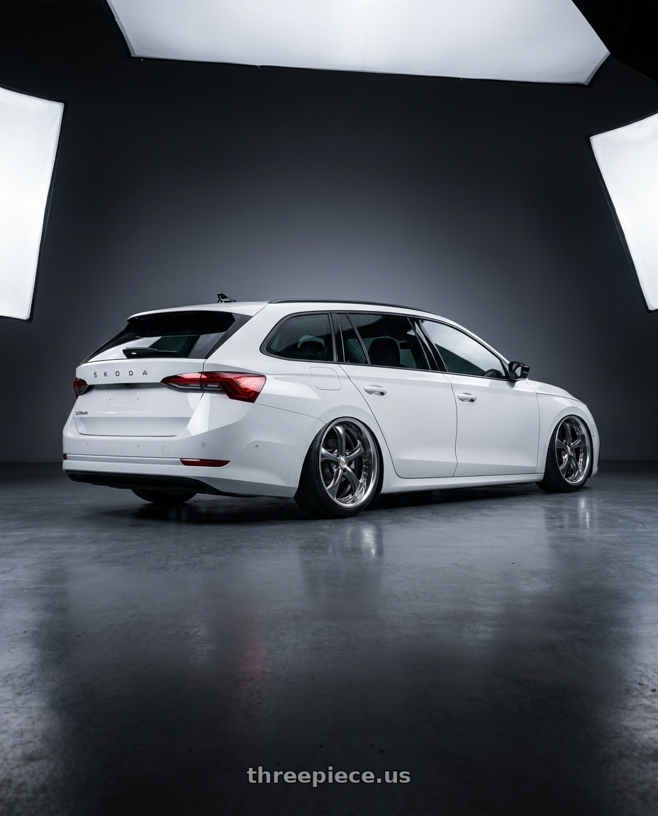 2025 SKODA OCTAVIA with Work Wheels VS-KF 5X114.3 19x8.5+35 Brilliant Silver Black L Disk FULL REVERSE wheels rear three quarter view extreme stretch tires
