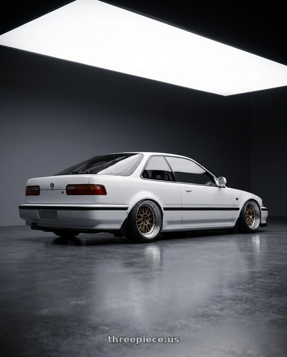 1991 Acura integra with Work Meister M1 3p 4x100 16x10.5+0 W Disk Titanium Gold wheels rear three quarter view slight stretch tires