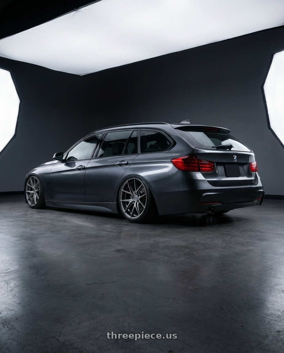 2016 BMW 3 Series F30 with Niche 1PC M116 MISANO 5X120 19X9.5 +35 MATTE GUN METAL wheels rear three quarter view slight stretch tires