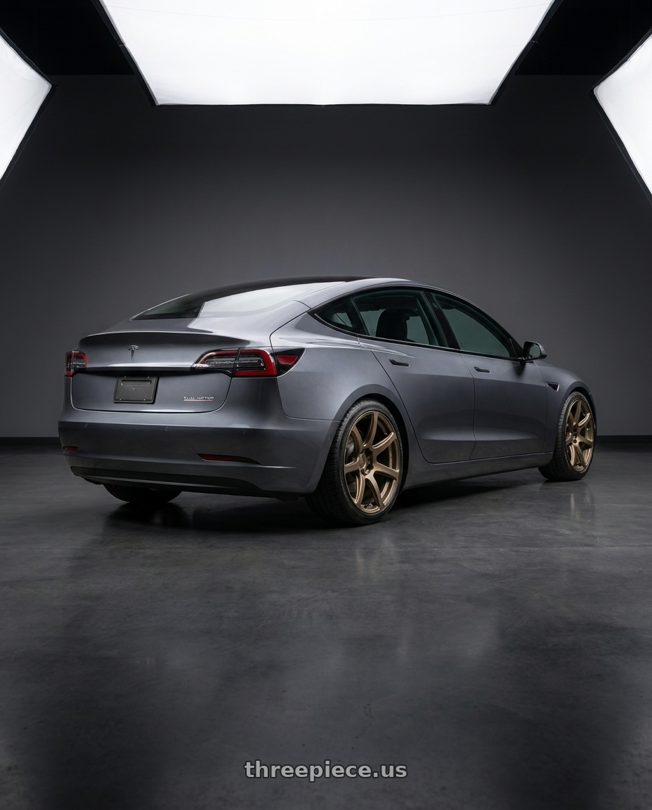 2023 tesla model 3 long range with Work Emotion T7r 5x114.3 19x9.5 +38 Matte Bronze wheels rear three quarter view square tires