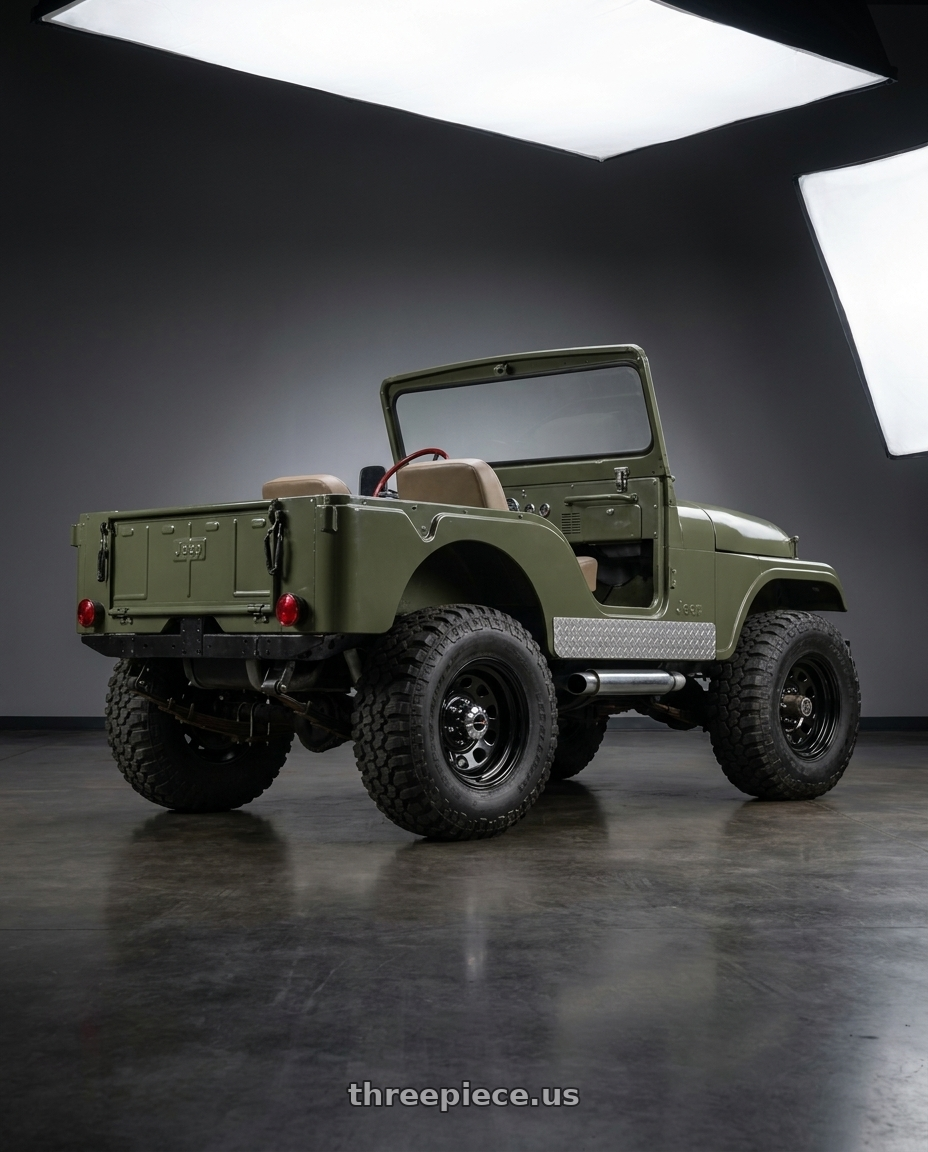 1967 Jeep CJ5 with Vision HD 84H 5x139.7 15x8-19 Gloss Black wheels rear three quarter view meaty tires