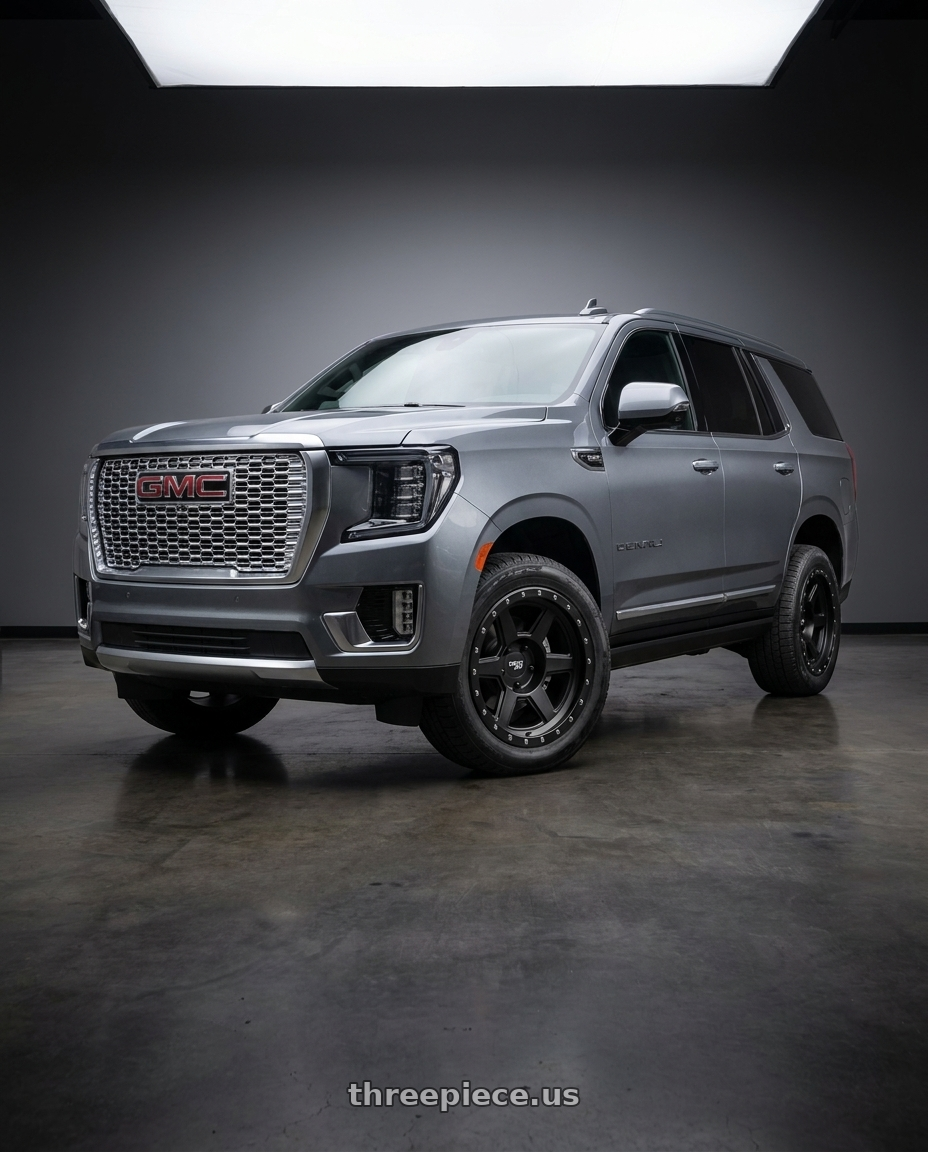 2021 GMC Yukon Denali with Dirty Life Compound 9315 6x139.7 20x9-12 Matte Black wheels