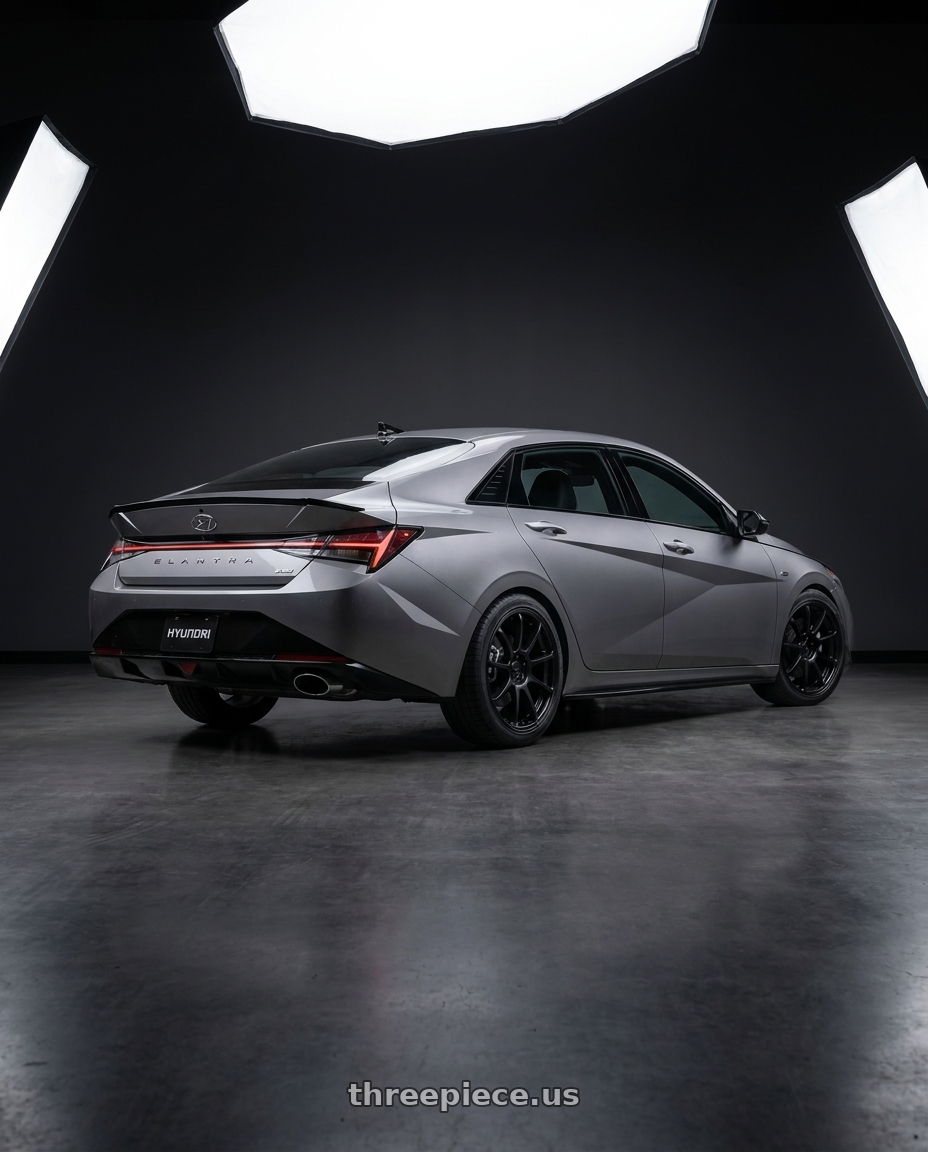 2023 Hyundai Elantra n line with KATANA RACING KR07 5x114.3 17x7.5 +40 Matte Black wheels rear three quarter view square tires