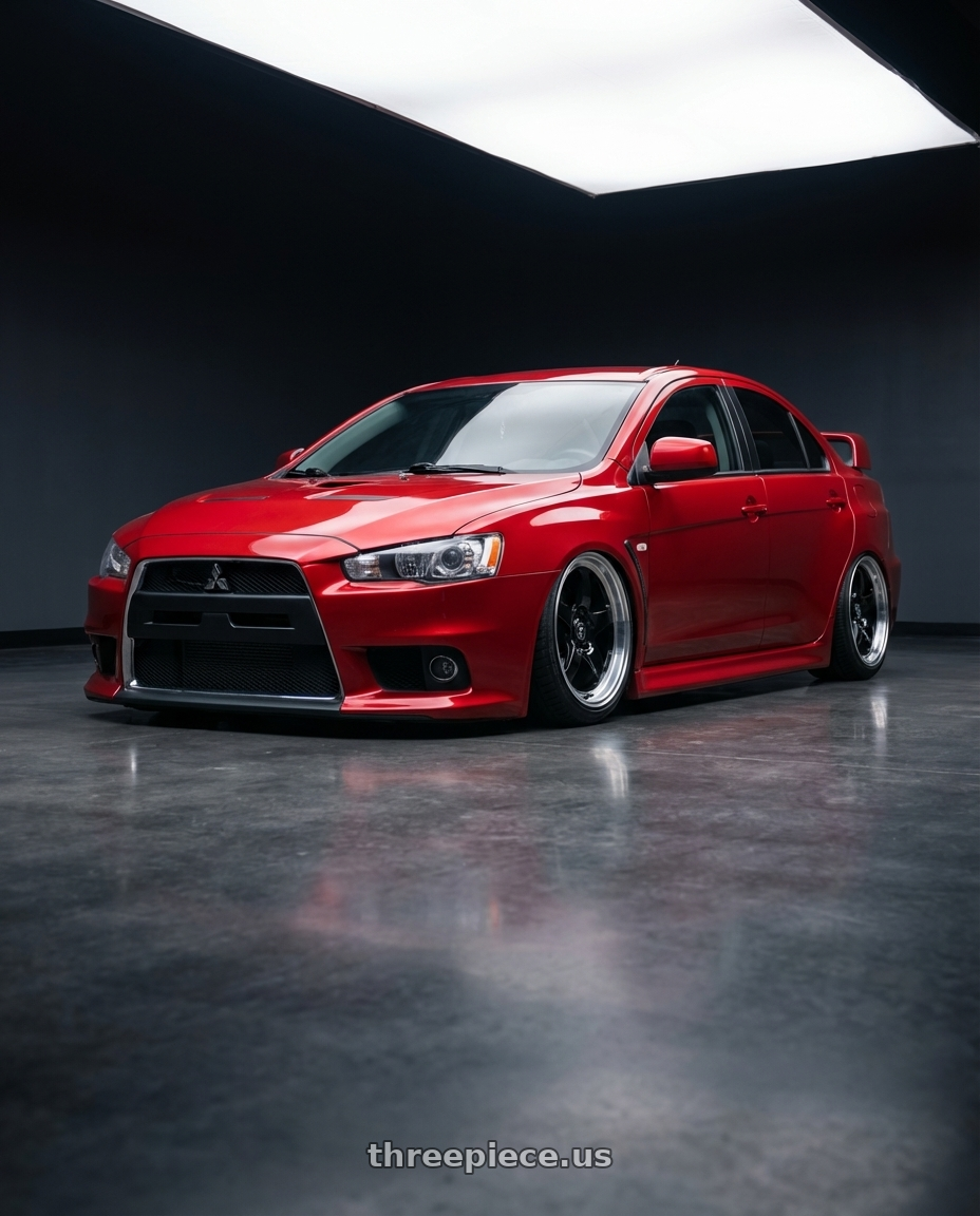 2012 Mitsubishi Lancer Evo X with Forgestar D5 Drag 5x114.3 18x10 +42 Gloss Black Machined wheels front three quarter view stanced stance