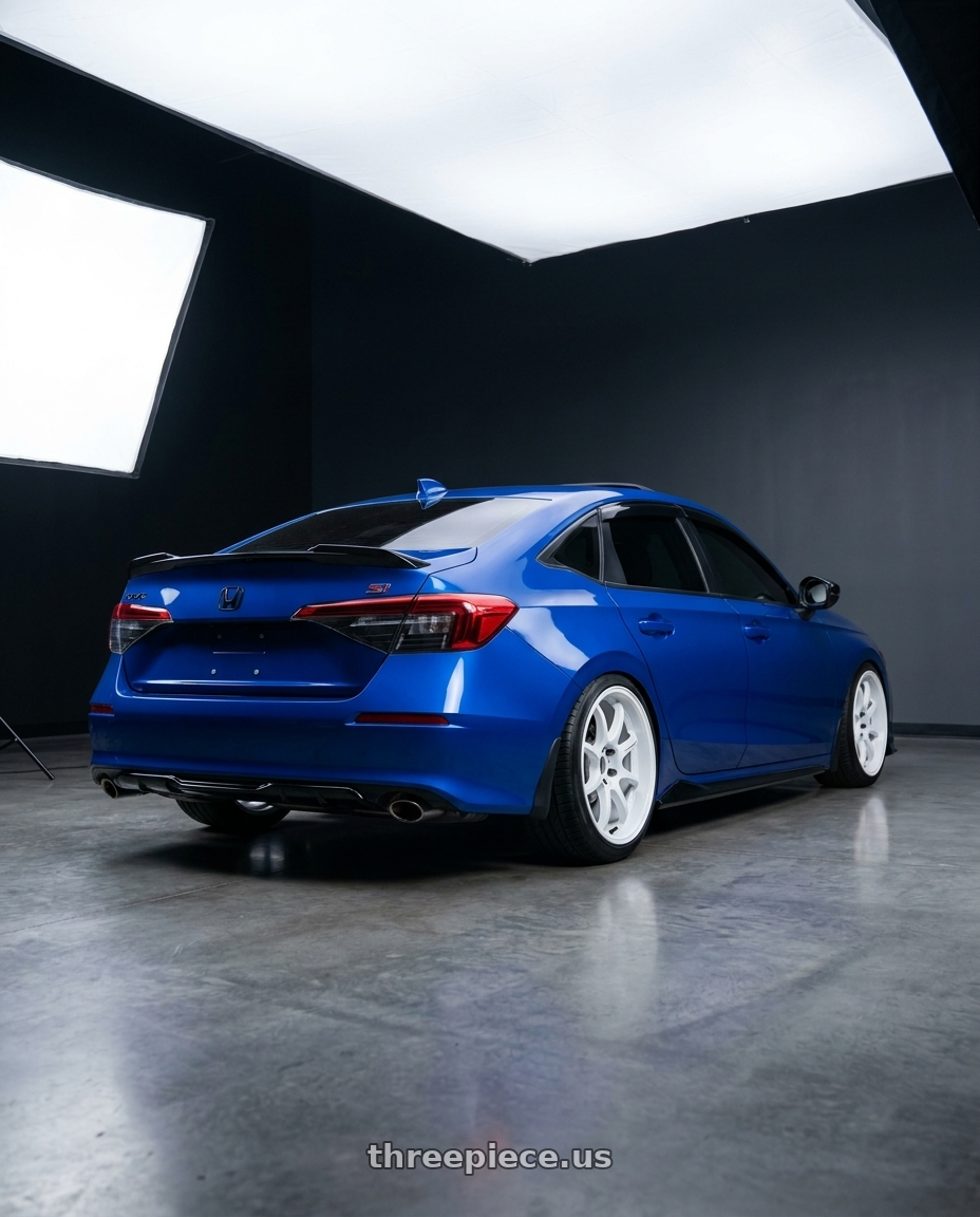 2023 honda civic si with Work Emotion D9r 5x114.3 18x9.5 +38 White wheels rear three quarter view slight stretch tires