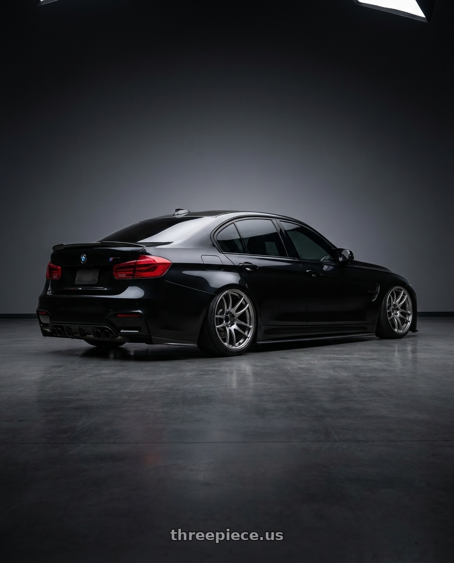 2016 bmw m3 with Work Emotion Cr Kiwami 5x120 19x10.5 +22 Gt Silver wheels rear three quarter view slight stretch tires