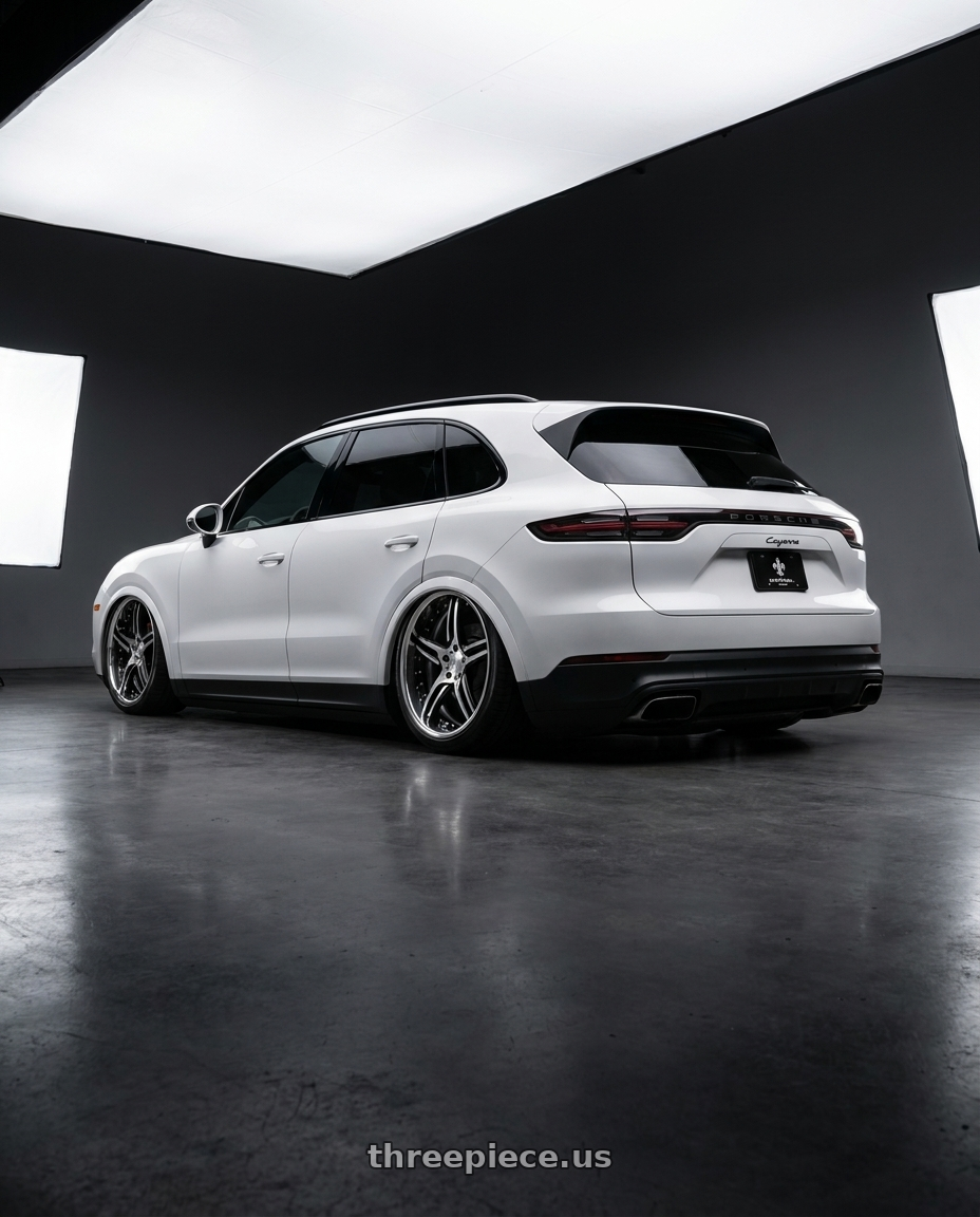 2019 porsche cayenne with DURANDAL DD5.2 BLACK POLISHED 5x100 18x9.5 +61MM wheels rear three quarter view slight stretch tires