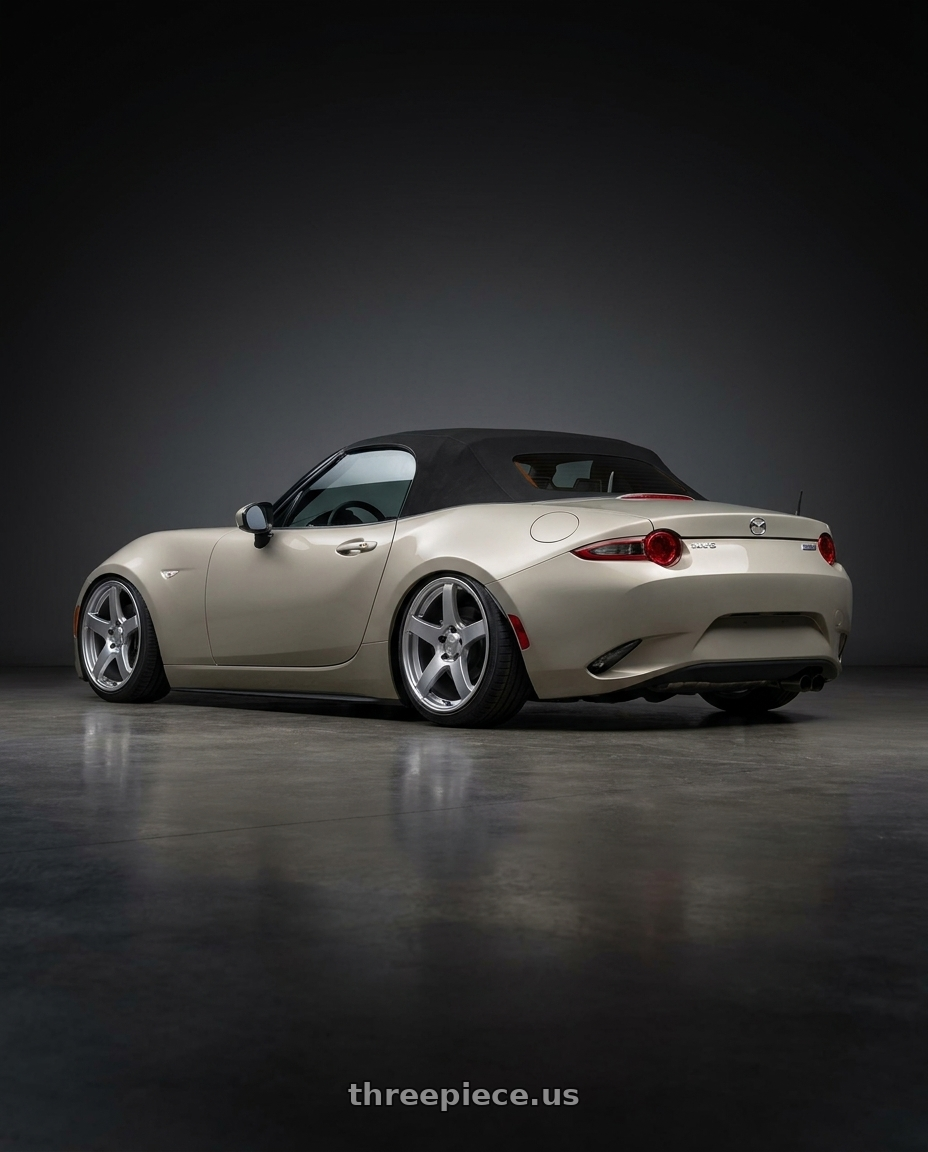 2021 Mazda MX-5 Miata ND with Ssr Gtv01 5x114.3 17x7+42  GLARE SILVER wheels rear three quarter view slight stretch tires