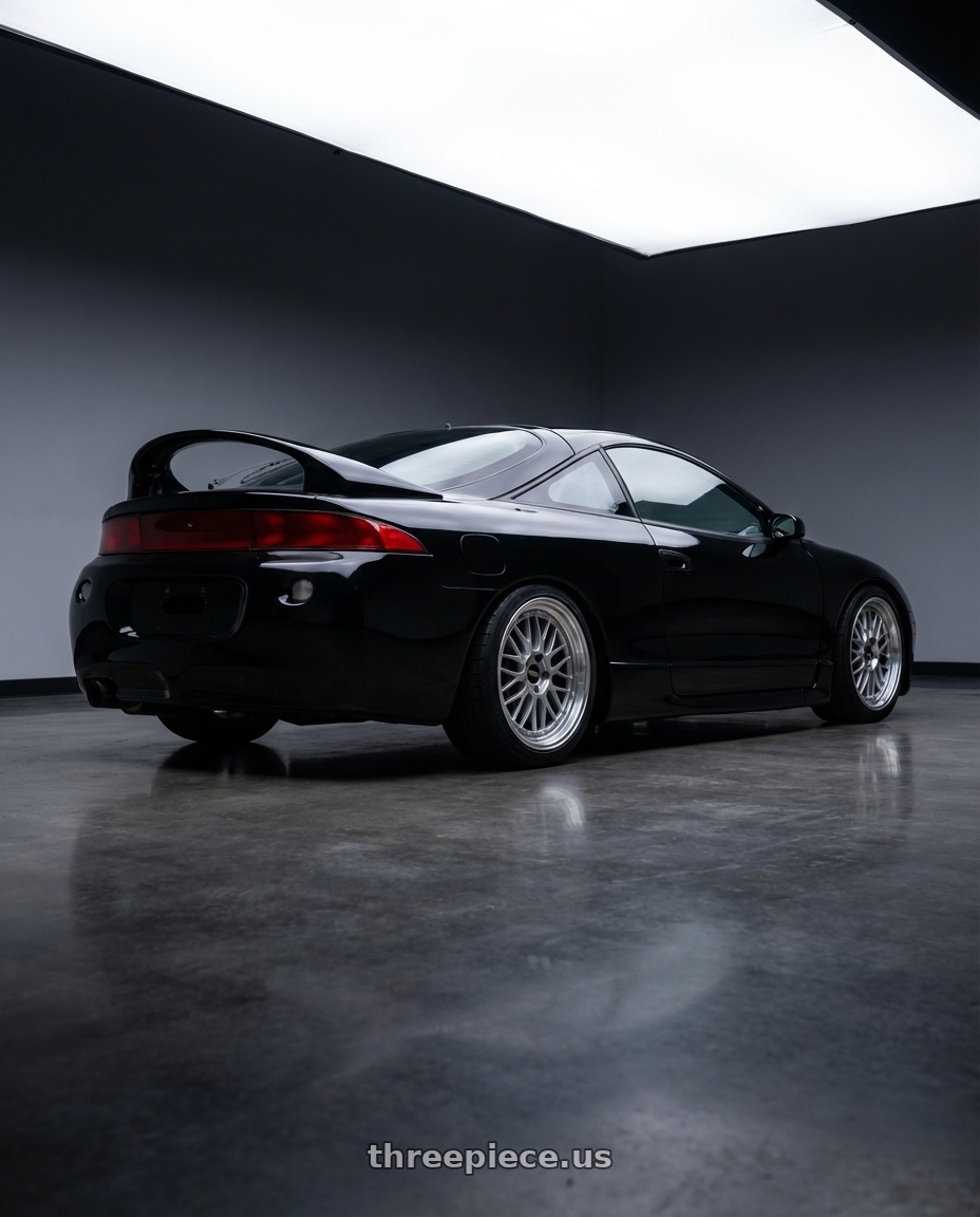 1998 Eagle talon with BBS LM 5x114.3 18x10.0+20 Diamond Silver wheels rear three quarter view square tires