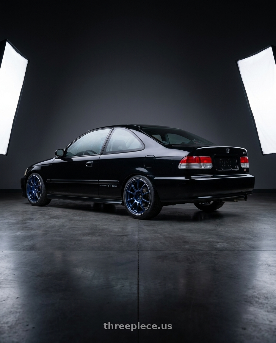2000 Honda civic si with Advan Racing RZII 4x100 17x7.0 +42 RACING INDIGO BLUE & RING wheels rear three quarter view square tires