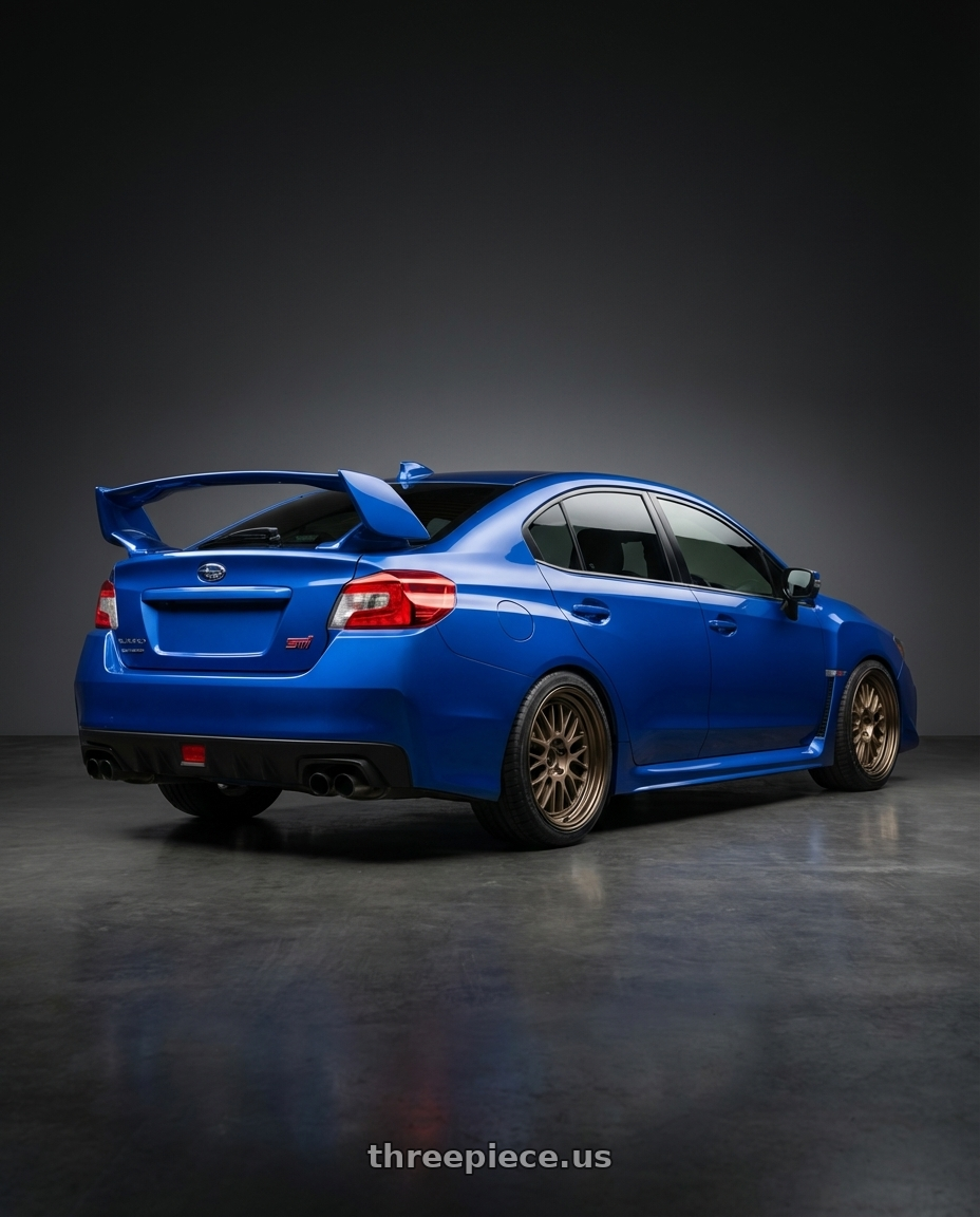 2013 Subaru WRX STI with Volk Racing 21A 5x114.3 18X8.5+34  Bronze wheels rear three quarter view square tires