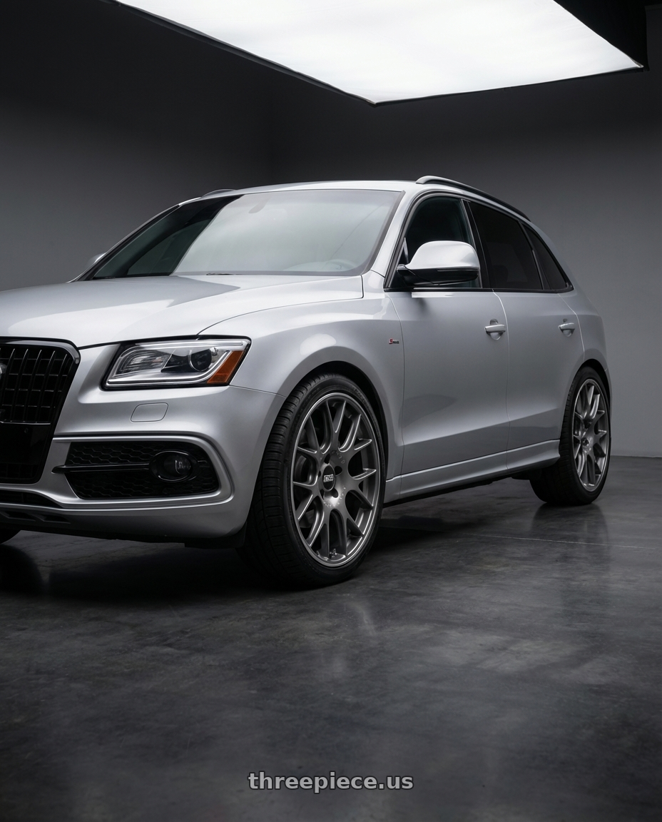 2014 Audi Q5 with BBS CH-R 5x112 20x10.5 +25 Satin Titanium Polished Rim Protector wheels front three quarter view lowered stance