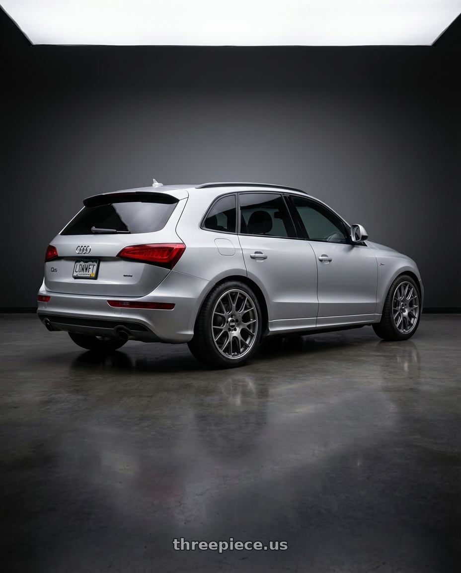 2014 Audi Q5 with BBS CH-R 5x112 20x10.5 +25 Satin Titanium Polished Rim Protector wheels rear three quarter view square tires