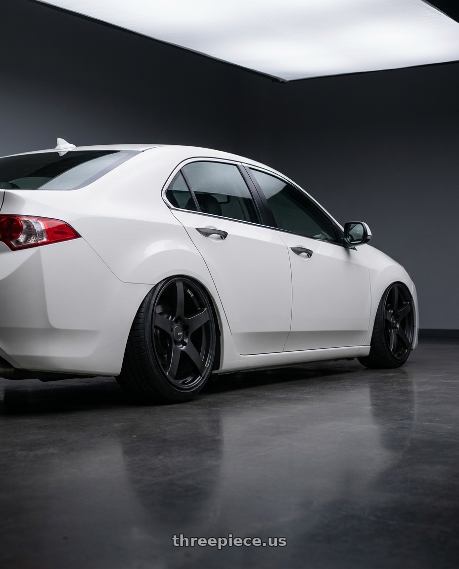 2013 Acura TSX with Ssr Gtv01 5x114.3 19x8.5+38  FLAT BLACK wheels rear three quarter view slight stretch tires