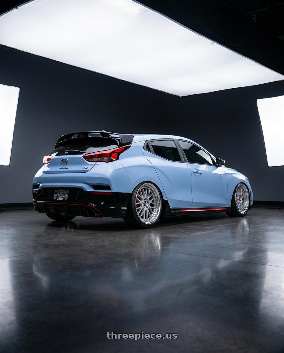 2020 Hyundai Veloster N with Work Vs-Xx 5x114.3 18x9-34 T Disk Light Grey Silver wheels rear three quarter view slight stretch tires
