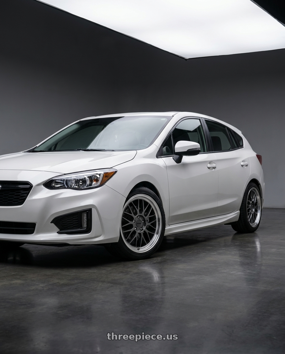 2017 Subaru Impreza hatchback white  with KATANA RACING KR06 5x100 18x8 +40 Glossy Gun Metal Machine Lip wheels