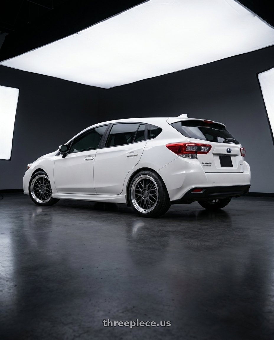 2017 Subaru Impreza hatchback white  with KATANA RACING KR06 5x100 18x8 +40 Glossy Gun Metal Machine Lip wheels rear three quarter view square tires