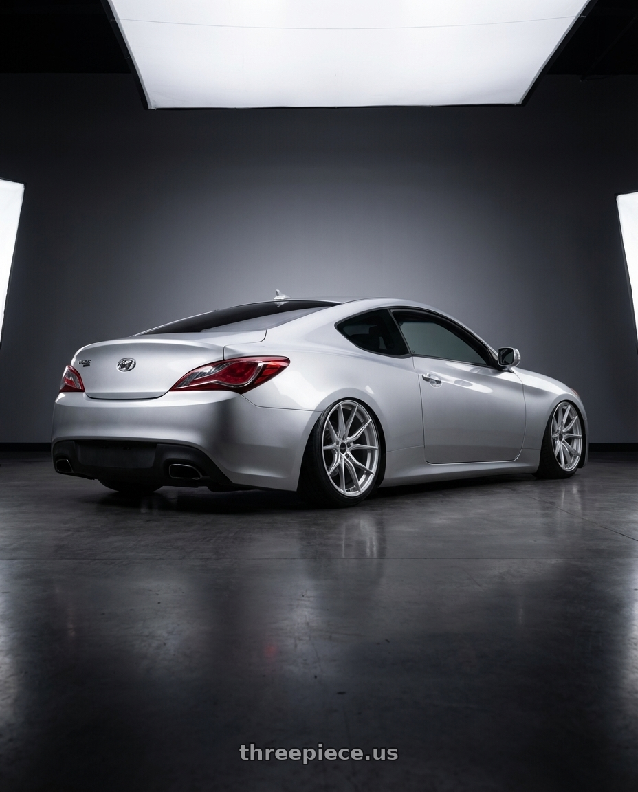 2012 Hyundai genesis  with Advanti Racing 80S Hybris 5X112 18x8 +45 Silver with Machined Face wheels rear three quarter view slight stretch tires