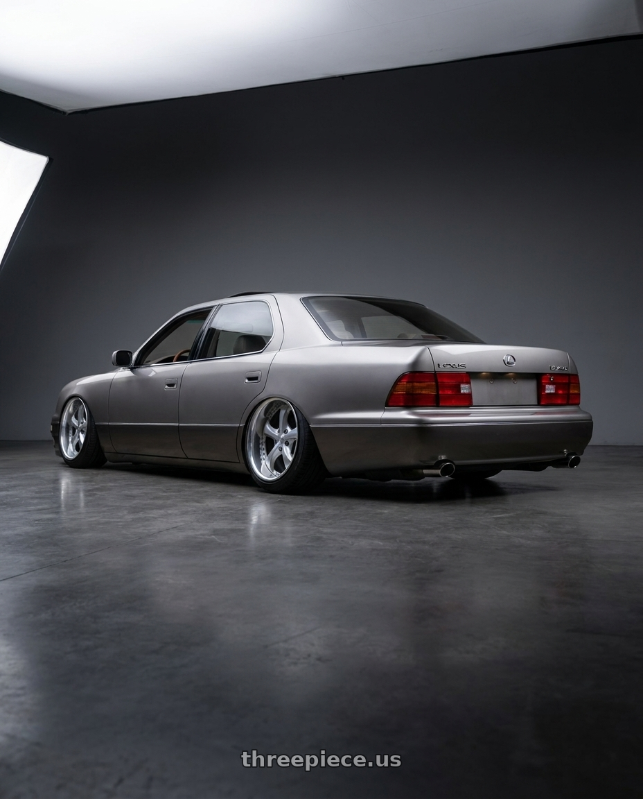 1995 lexus ls400 with Work Wheels VS-KF 5x114.3 18x7.5+40 Light Grey Silver O Disk FULL REVERSE wheels rear three quarter view extreme stretch tires