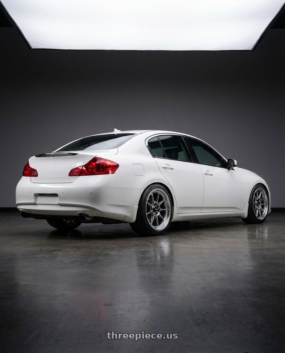 2012 Infiniti G37 with Konig Countergram 5x114.3 19x11+18 Hyper Chrome / Machined Lip wheels rear three quarter view square tires