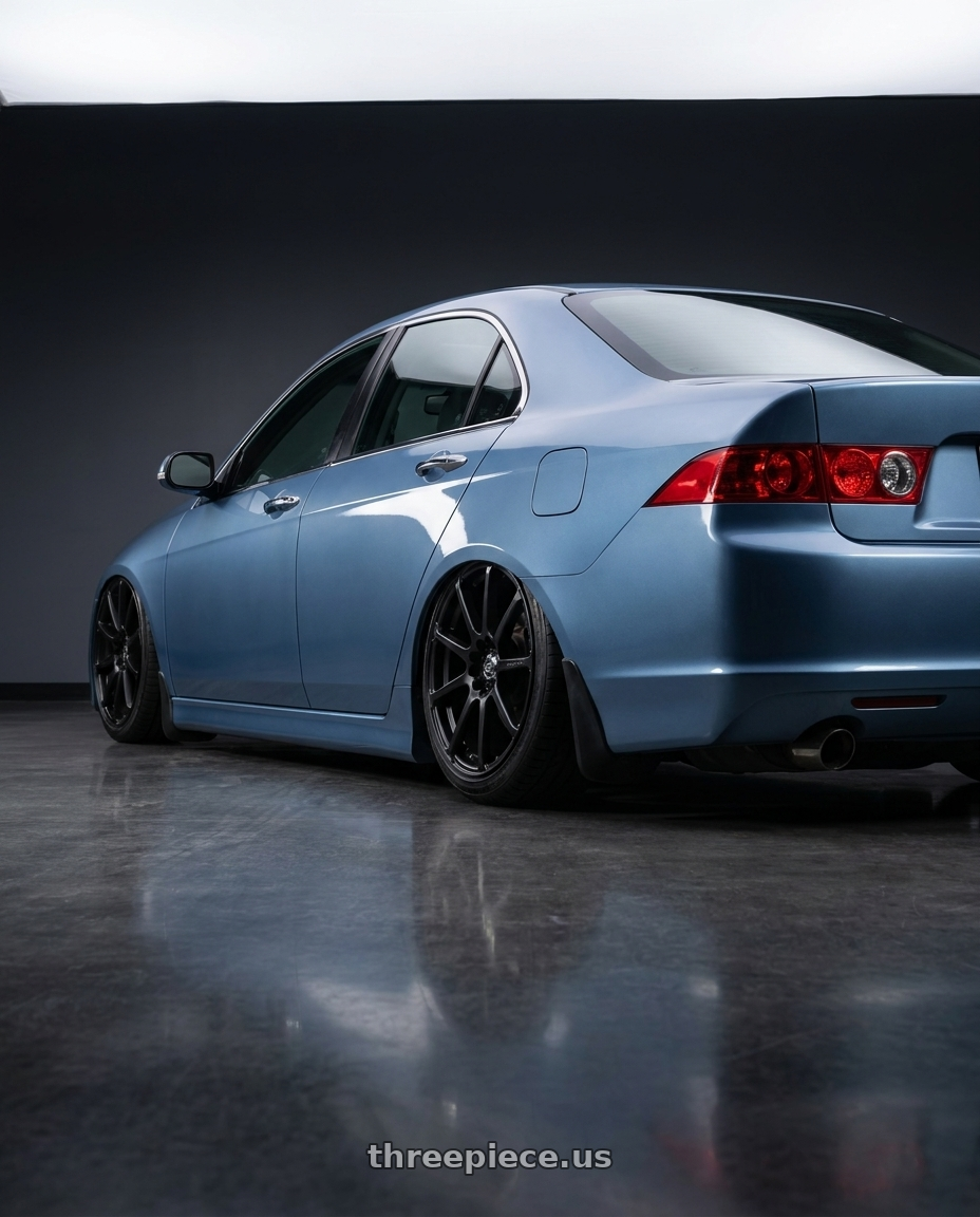2005 Acura Tsx with Enkei EDR9 5x100/114.3 18x7.5+38 Black wheels rear three quarter view slight stretch tires