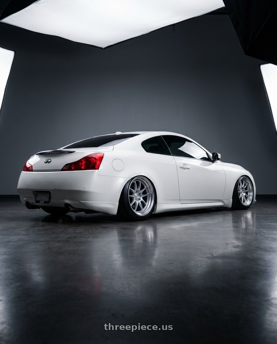 2014 Infiniti G37 Coupe with ESR Wheels APEX SERIES AP6 5x114.3 19x9.5 +22 Hyper Silver wheels rear three quarter view slight stretch tires