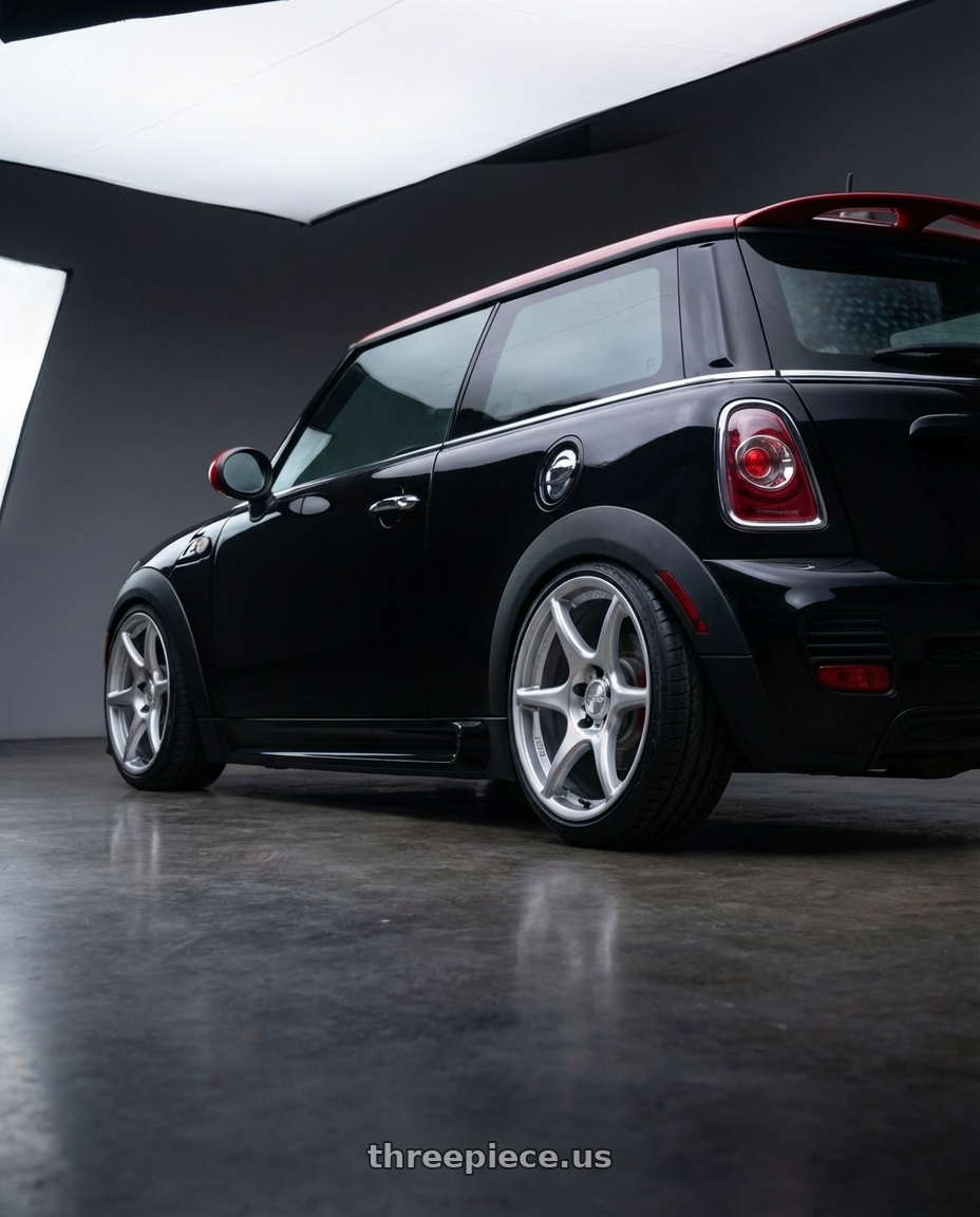 2013 mini cooper jcw with Kansei K11S Tandem 5x114.3 17x9 35 Hyper Silver wheels rear three quarter view slight stretch tires