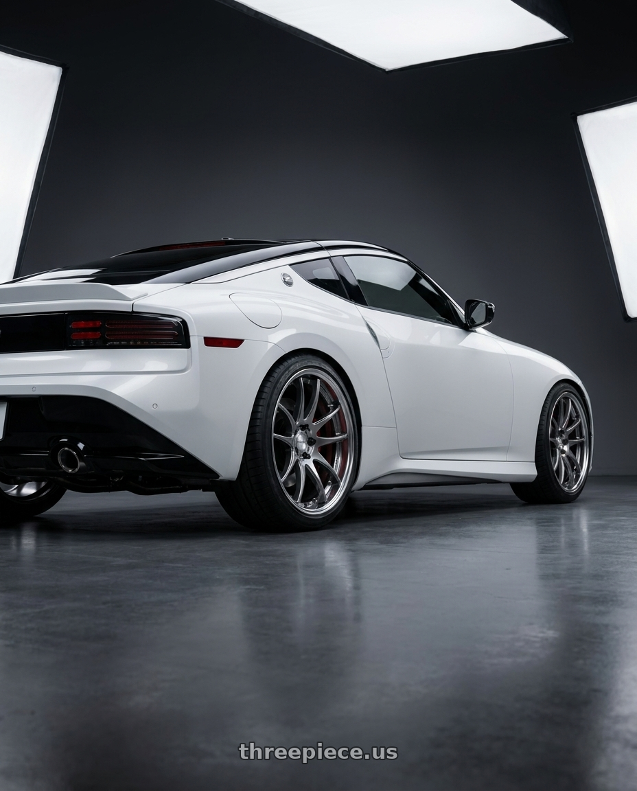 2024 Nissan Z performance with Work Cr 2P 5x114.3 19x10.5 +12 GT Silver wheels rear three quarter view square tires