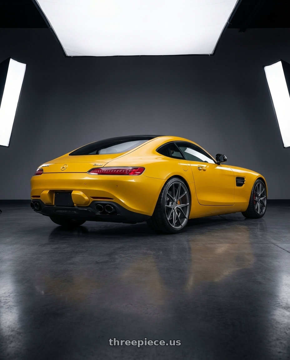 2019 Mercedes-Benz AMG GT with Niche 1PC M116 MISANO 5X112 19X8.5 +25 MATTE GUN METAL wheels rear three quarter view square tires