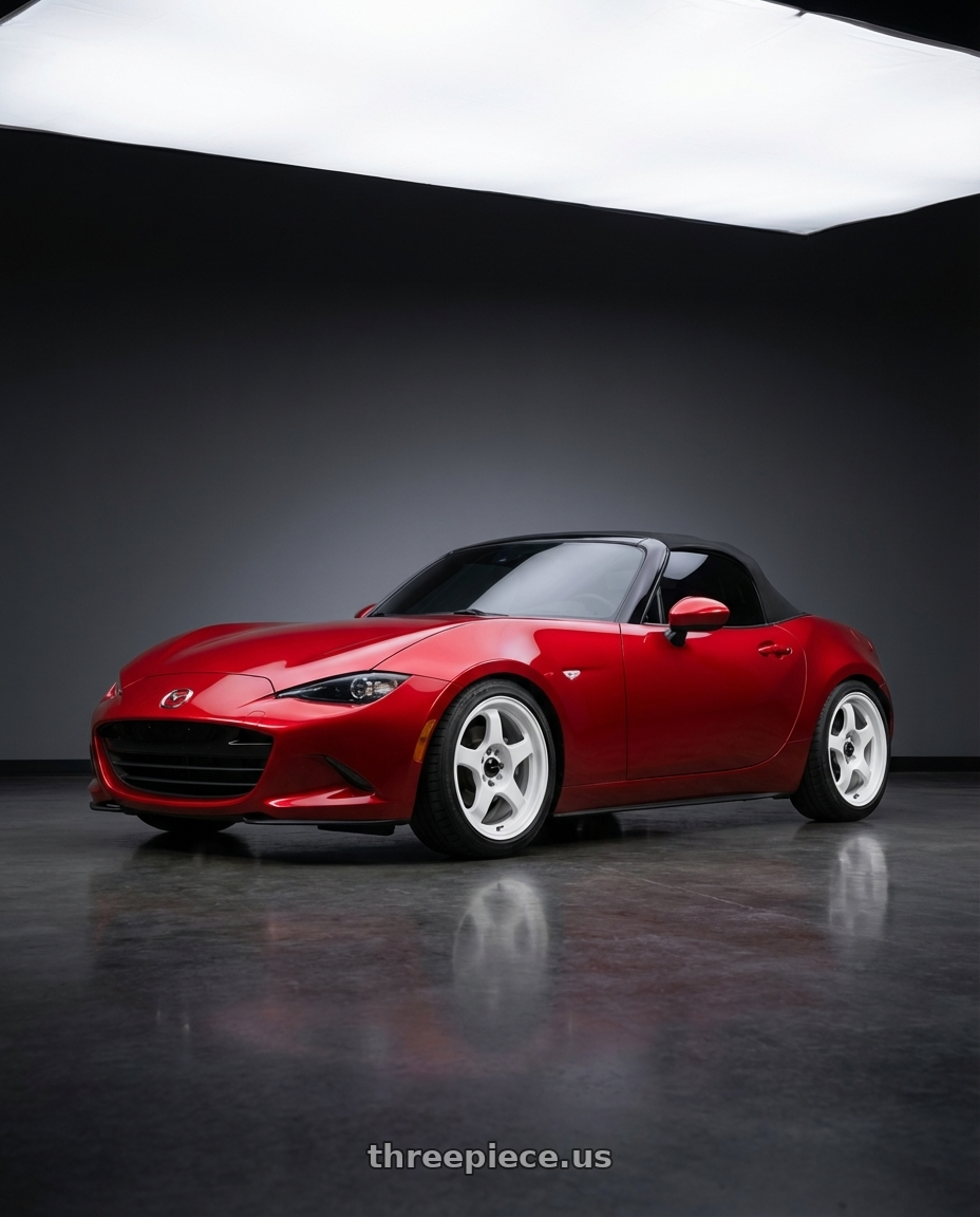 2016 Mazda Miata Red with Vors SP1 4x100 15x7  +35 All White wheels front three quarter view lowered stance
