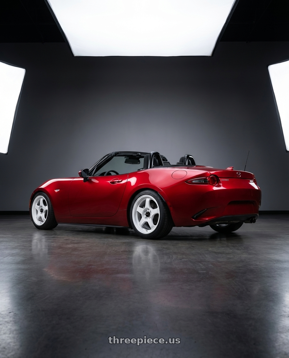 2016 Mazda Miata Red with Vors SP1 4x100 15x7  +35 All White wheels rear three quarter view square tires