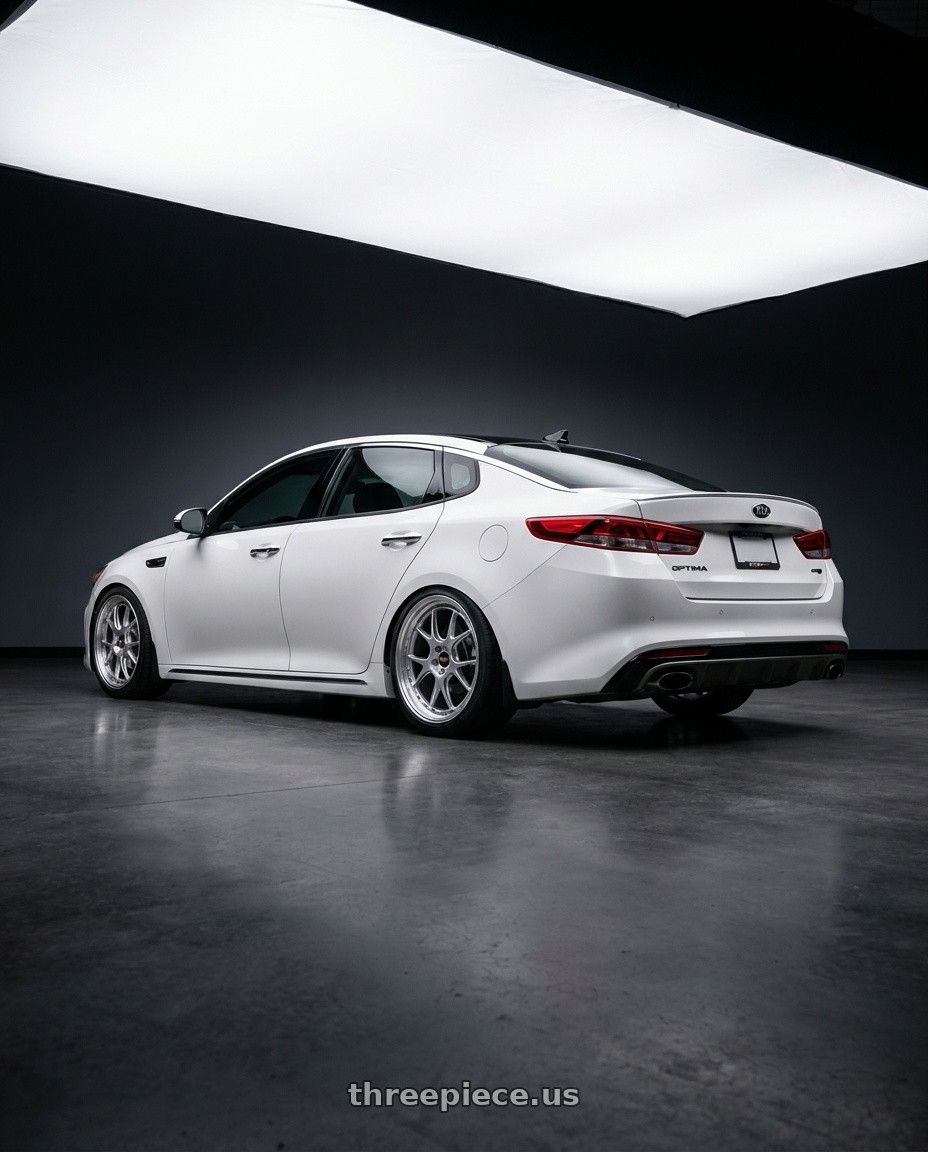 2017 kia optima gt line with BBS LM-R 5x114.3 19x8.5+43 Diamond Silver wheels rear three quarter view square tires
