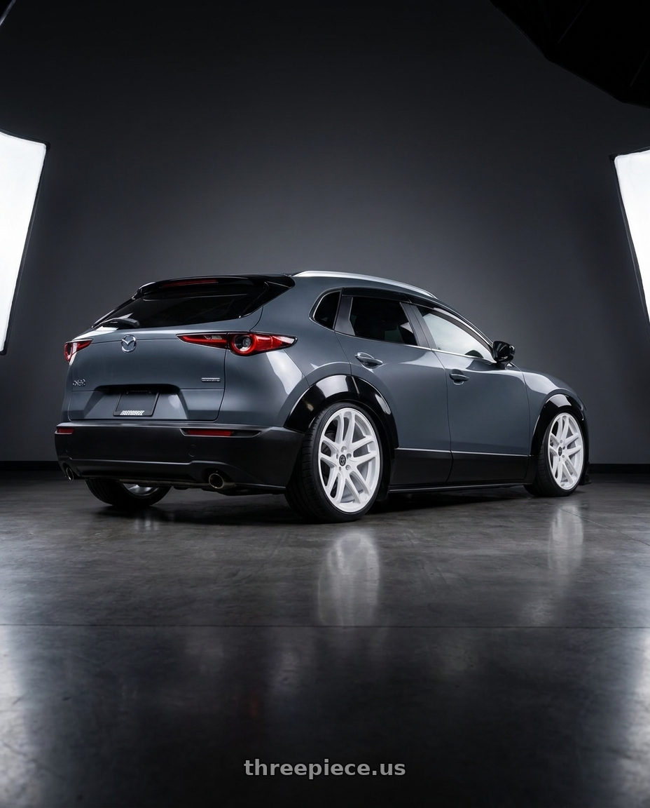 2023 Mazda cx30 with HERITAGE WHEEL EBISU MONOC 5x114.3 20x9 +25 WHITE wheels rear three quarter view square tires