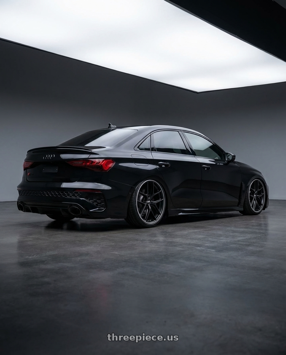 2022 Audi RS3 8Y with BBS CC-R 5x112 19x10.0+48 Satin Black wheels rear three quarter view slight stretch tires