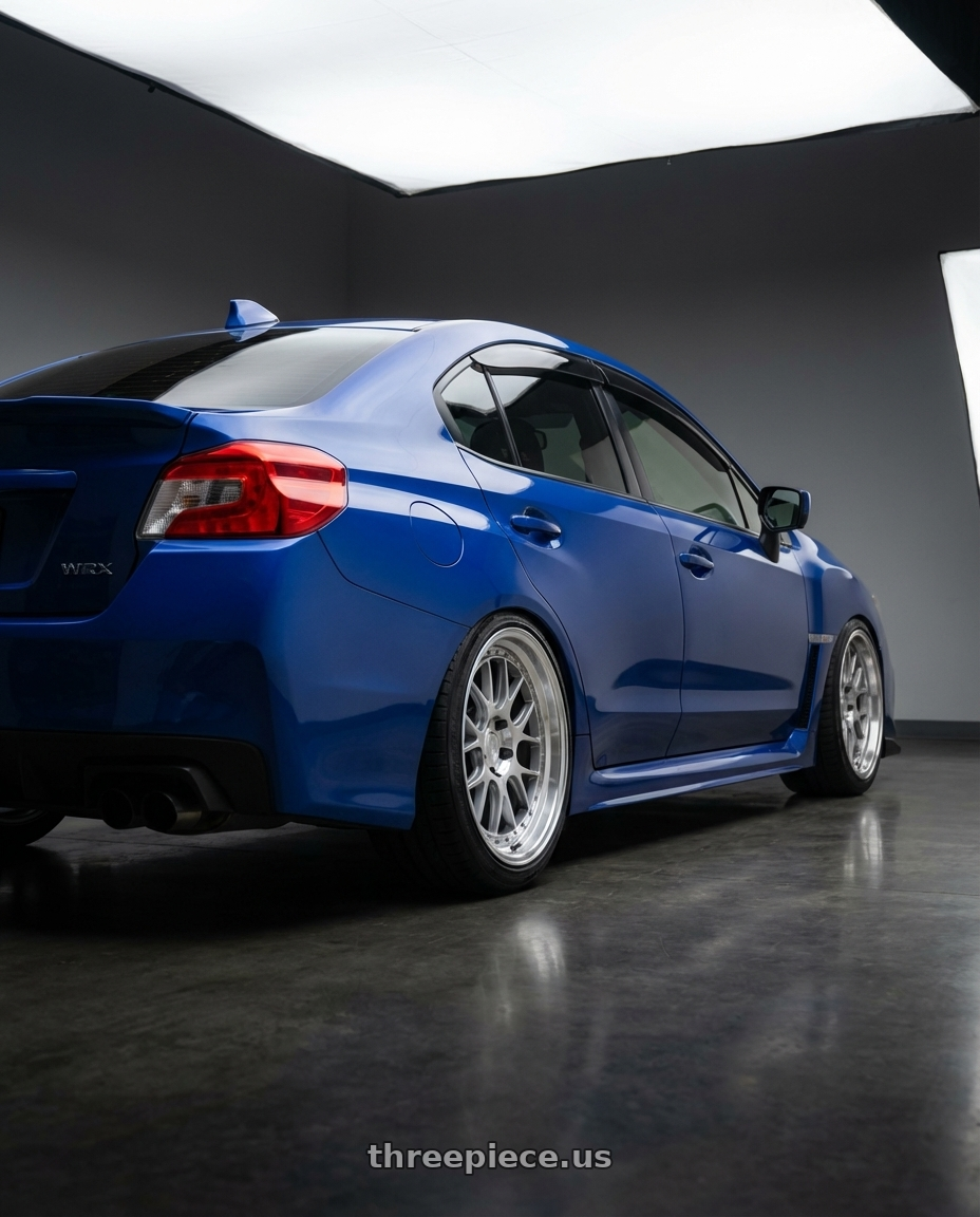 2016 subaru wrx with Aodhan DS06 5x114.3 18x9.5+30 Silver w/Machined Face wheels rear three quarter view slight stretch tires