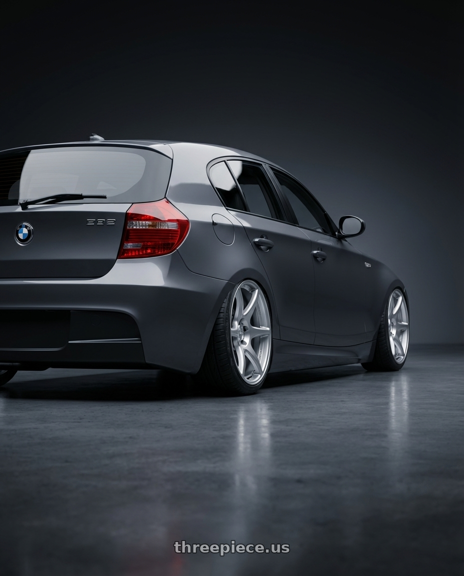 2012 BMW 1 Series E82 with Kansei K11S Tandem 5X120 19x9.5 22 Hyper Silver wheels rear three quarter view slight stretch tires