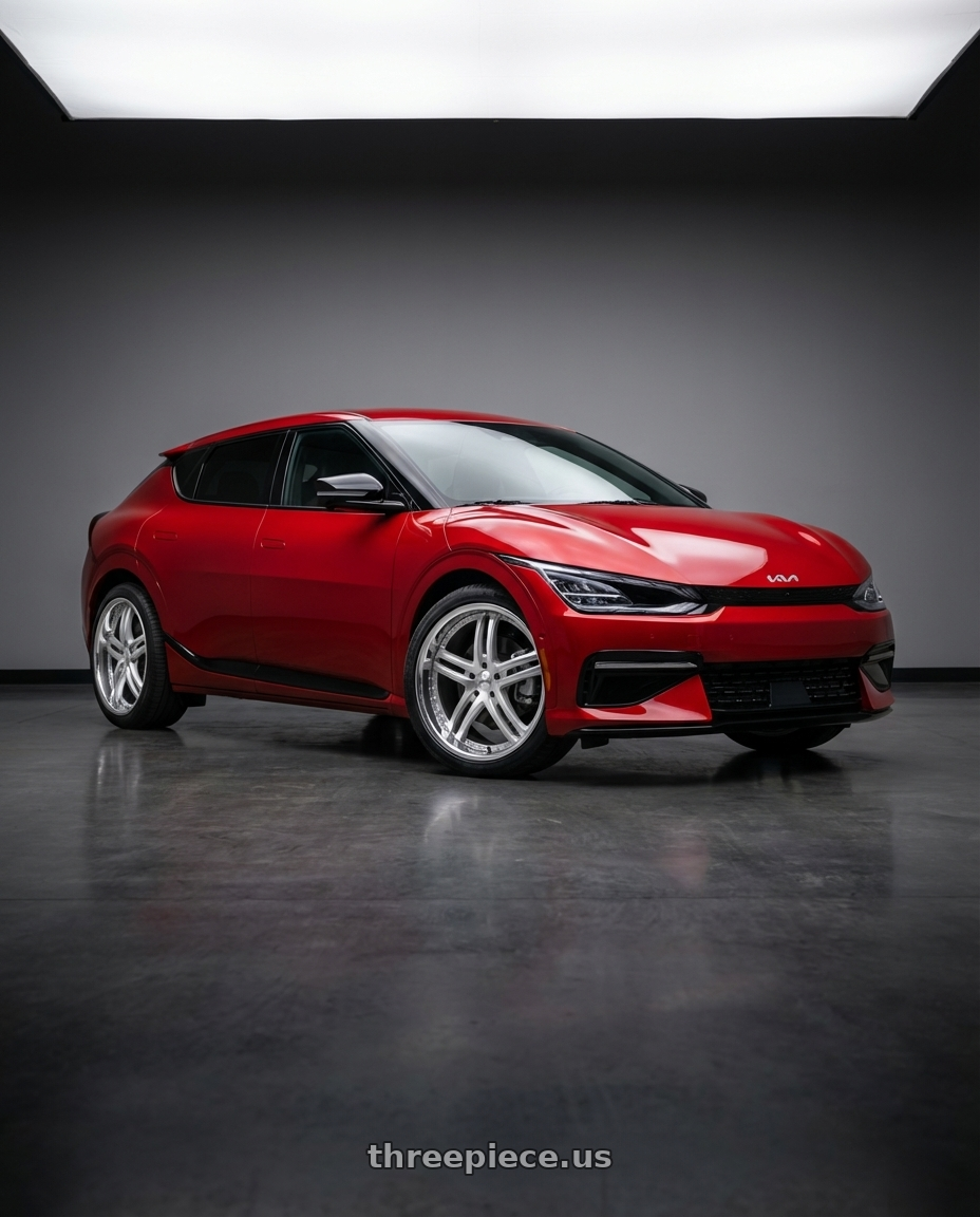 2024 kia ev6 with XIX Wheels XIX 15 5x108 20x8.5 +35 Silver Machined with Stainless Steel Lip wheels front three quarter view stock stance