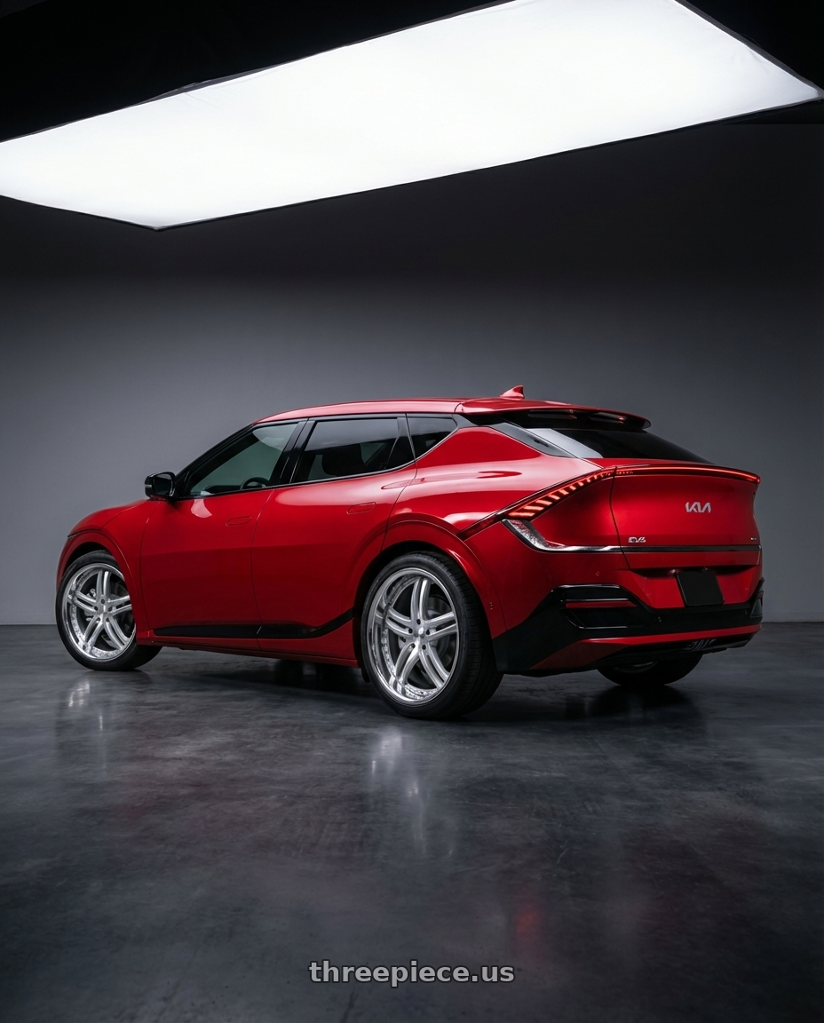 2024 kia ev6 with XIX Wheels XIX 15 5x108 20x8.5 +35 Silver Machined with Stainless Steel Lip wheels rear three quarter view square tires