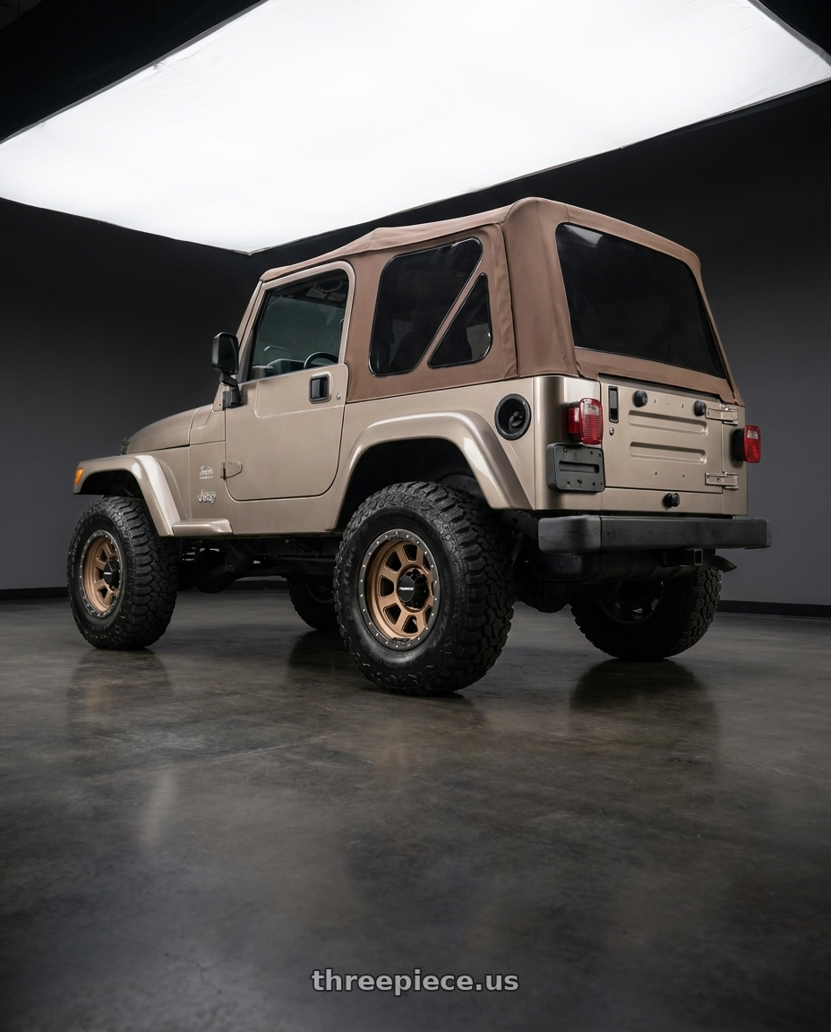 2003 jeep wrangler with Vision Off-Road 350 Ojos 5x150 17x9+12 Bronze wheels rear three quarter view square tires
