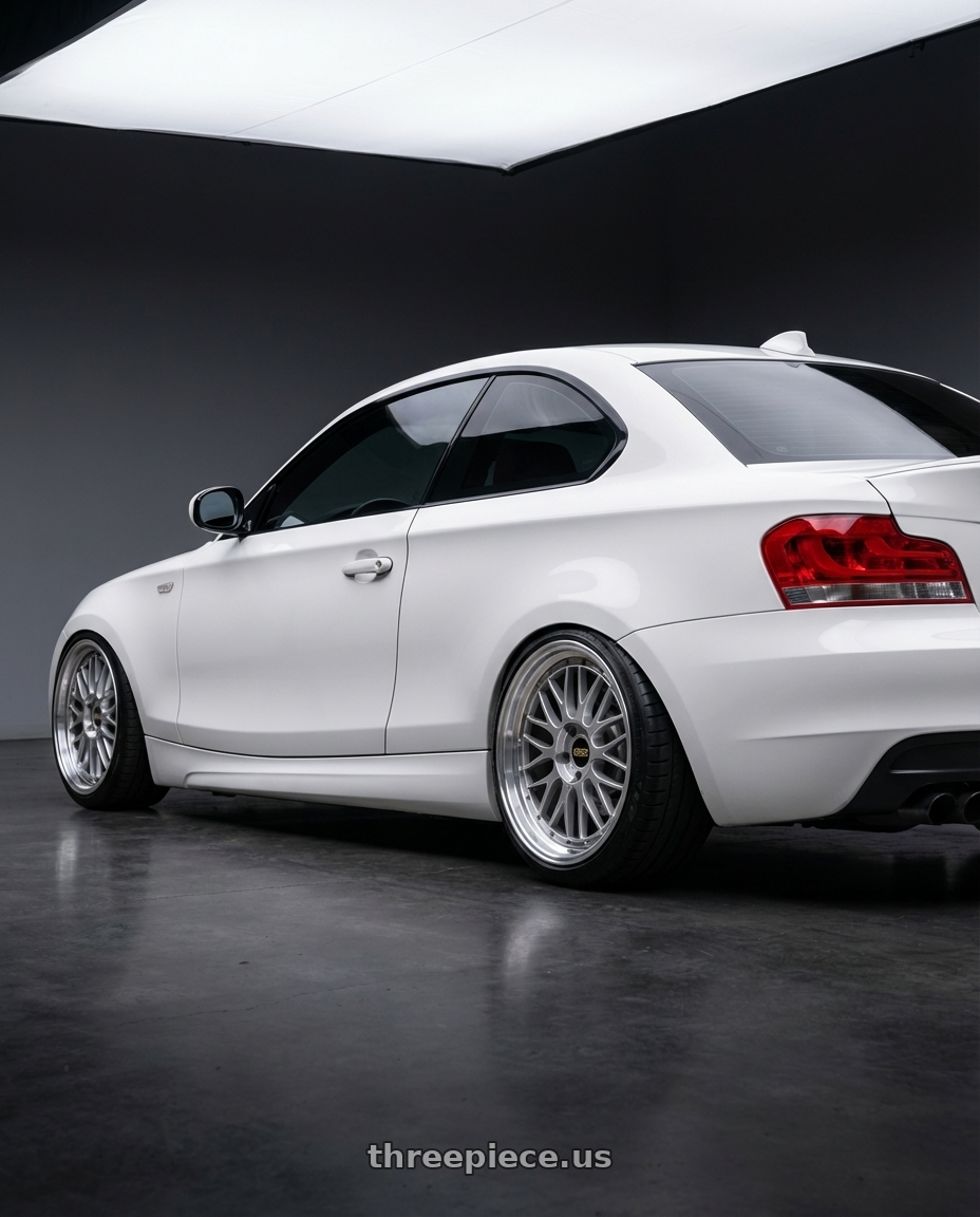 2012 bmw 135i m-sport  with BBS LM 5x120 19x10.0+37 Diamond Silver wheels rear three quarter view slight stretch tires