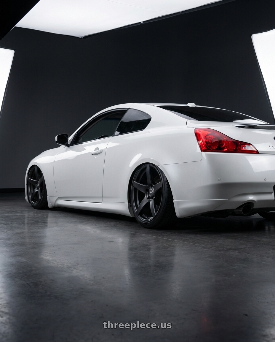 2014 Infiniti G37 Coupe with Forgestar CF5 5x114.3 19x10 +42 Satin Black wheels rear three quarter view slight stretch tires