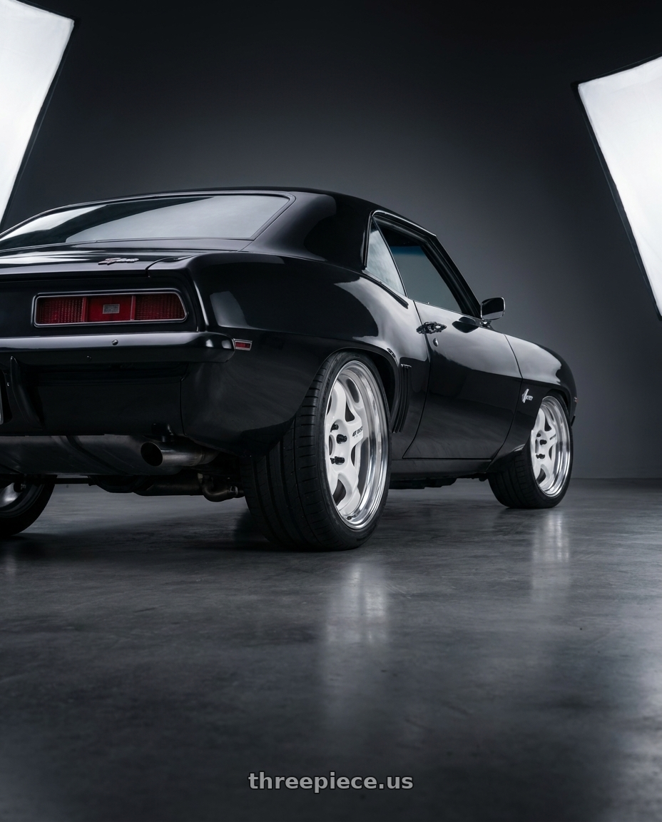 1969 Chevy Camaro  with Work Meister S1 2P 5x120.65 15x8+0 A Disk White wheels rear three quarter view square tires