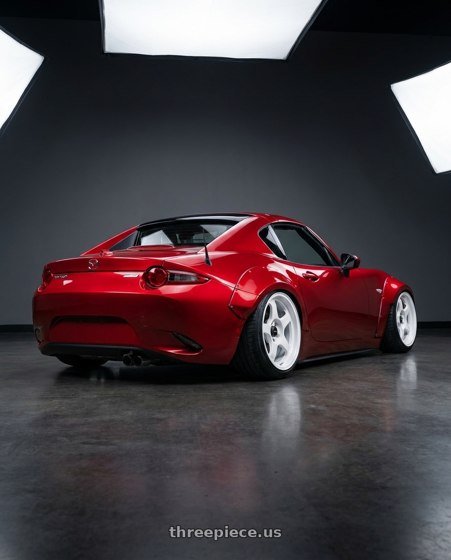 2016 Mazda miata red with Vors SP1 4x100 15x7  +35 All White wheels rear three quarter view slight stretch tires